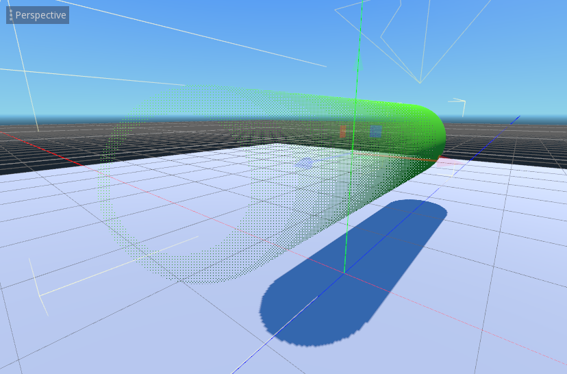 A green capsule in the Godot editor viewport fading out towards the camera. The faded part is made of a fine pattern of drawn and missing pixels, and the capsule still casts a solid blue shadow on the floor.