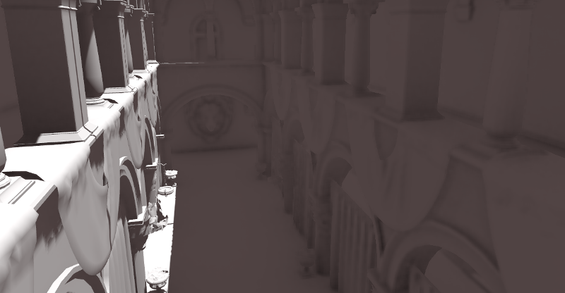 A grey, untextured view of an arched courtyard with columns. Corners, the bases of columns and the undersides of arches are darkened by screen-space ambient occlusion.