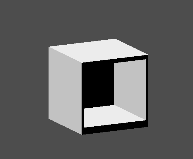 A white box seen at an angle with a large rectangular hollow cut into its front face, forming an open shelf.