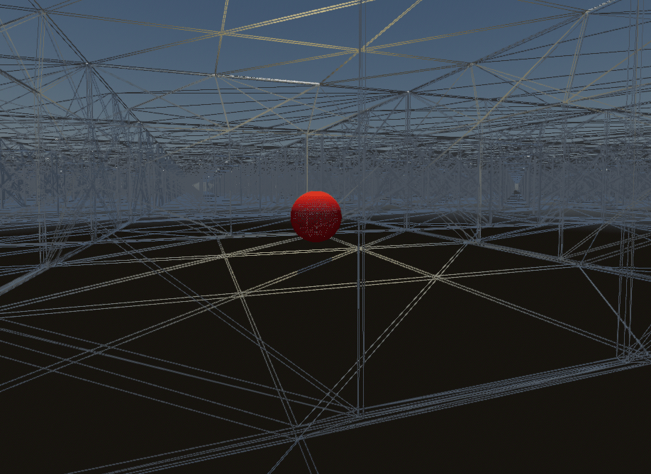 Wireframe view of the same scene with occlusion culling disabled. Edges of many rooms behind the visible one show through, and the red sphere behind the wall is drawn.