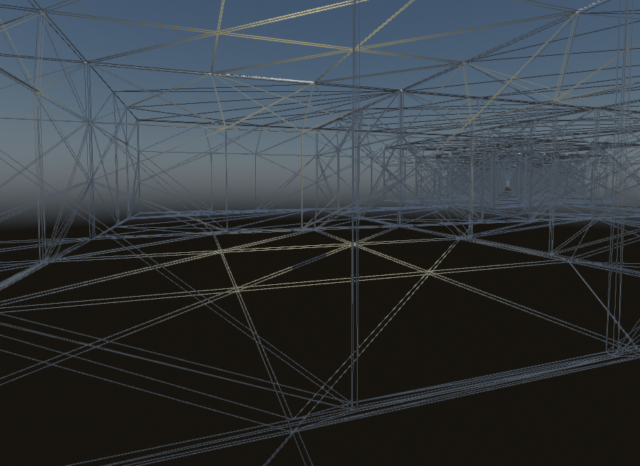 The same wireframe view with occlusion culling enabled. The red sphere is gone and fewer room edges are drawn behind the visible room.