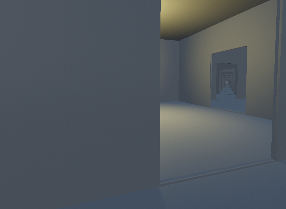 A first-person view of a plain blue-grey interior. A wall fills the left half of the frame; through a doorway on the right, a lit room leads to a long row of further doorways.