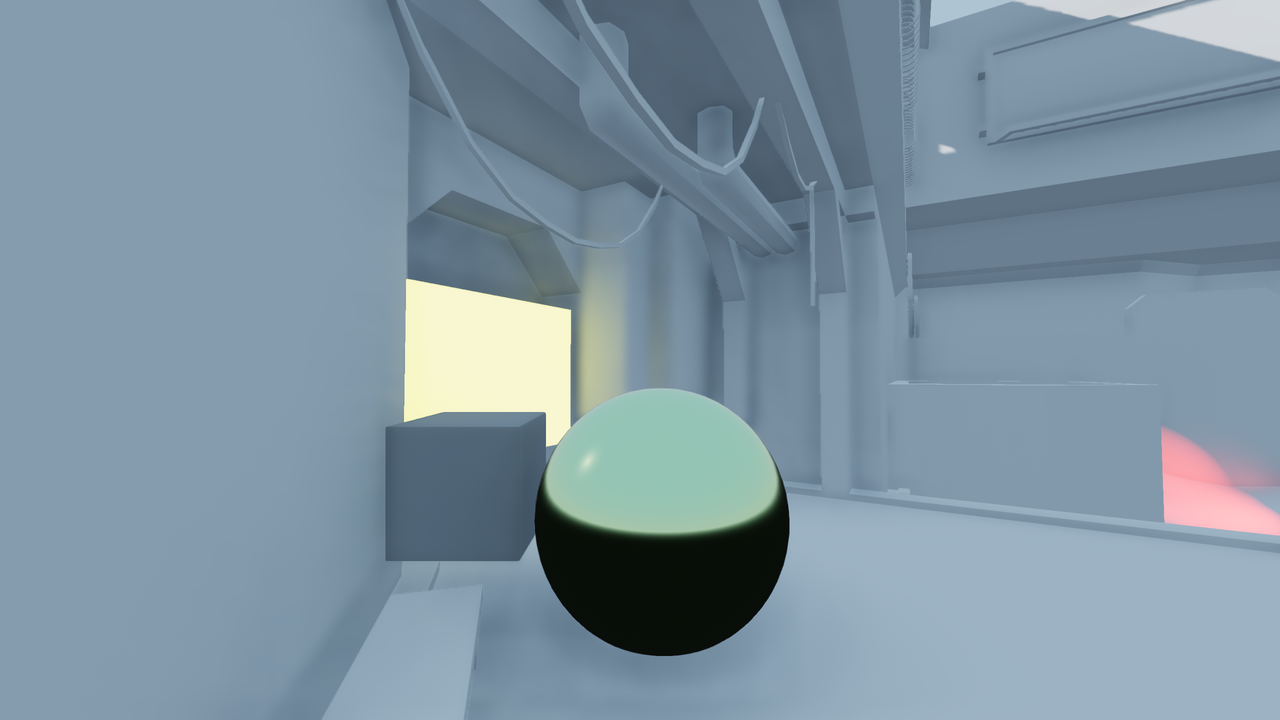 A pale blue sci-fi interior with a dark cube and a glossy sphere on the floor. On the right edge, a glowing yellow-pink emissive box spills a soft warm tint onto the nearby surfaces.