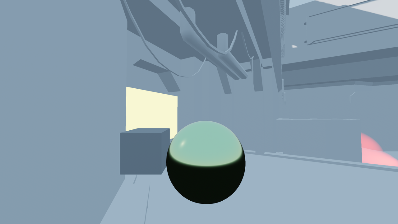 A pale blue sci-fi interior. Sunlight comes through an opening at the back, but the walls, floor and ceiling are all the same flat blue-grey. A dark cube and a glossy sphere sit in the foreground.