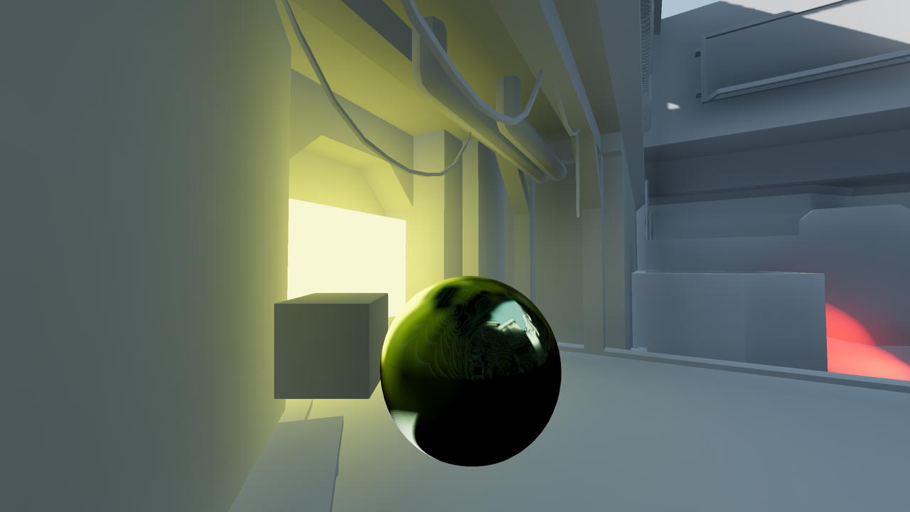 The same sci-fi interior with VoxelGI. The area around the sunlit opening is now filled with warm yellow bounced light, the shaded walls are darker, and the glossy sphere reflects the yellow light.