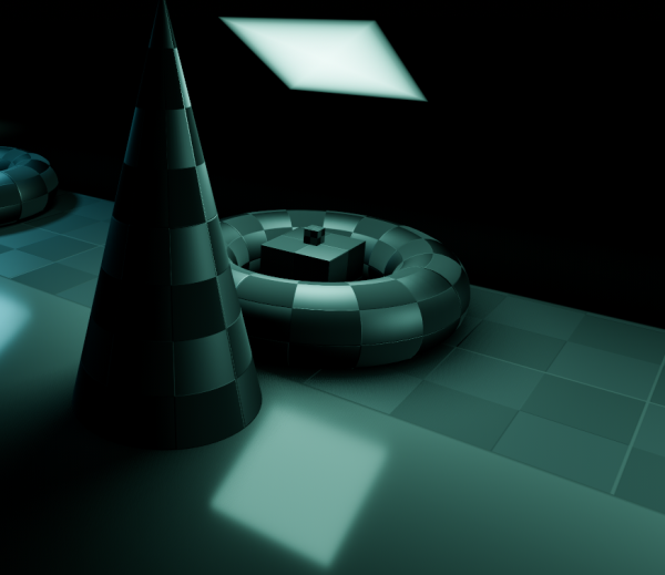 A dark teal scene with a cone and a torus on a checkered floor. A glowing rectangular area light hangs above them, casting a soft rectangular pool of light on the floor and soft-edged shadows.