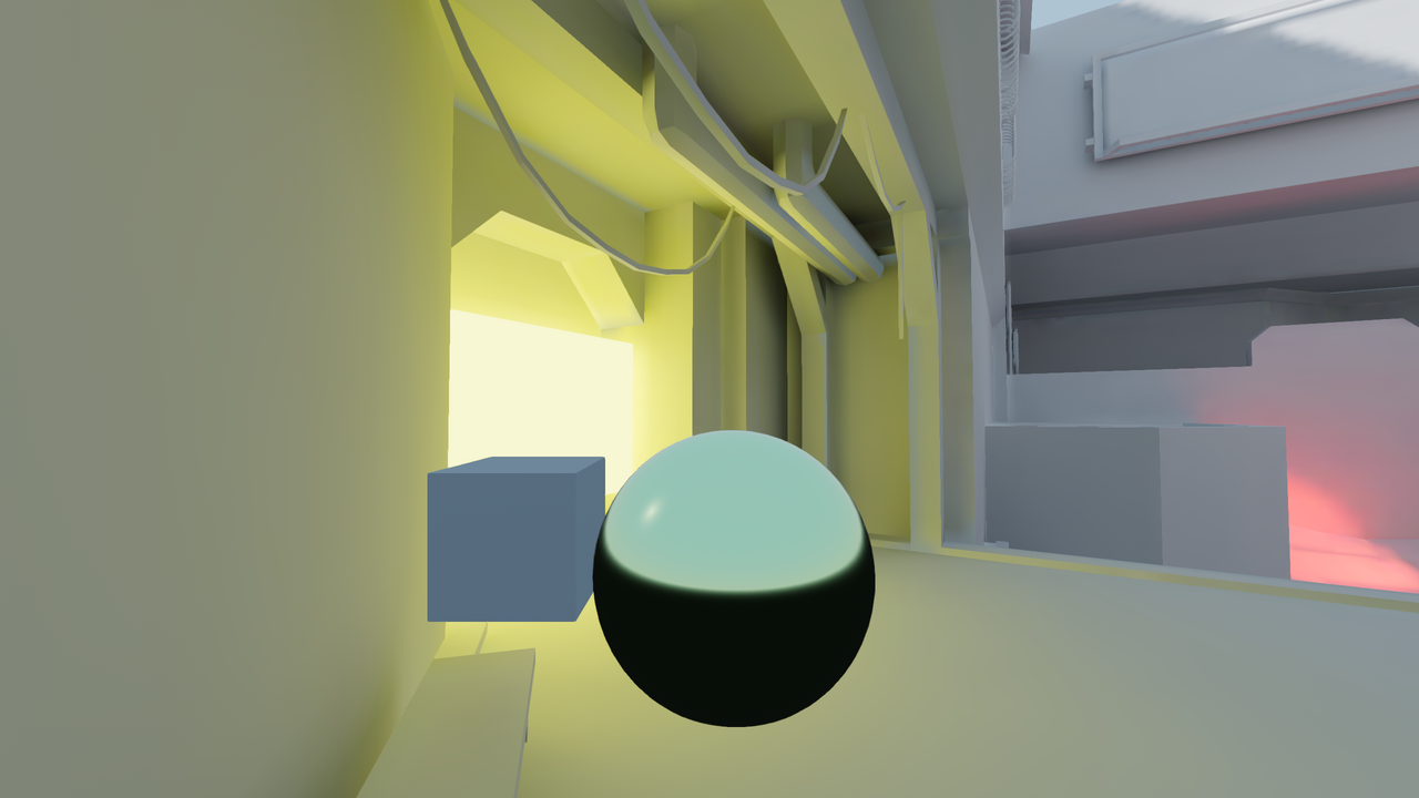 The same sci-fi interior with both direct and indirect light baked. The bounce light looks the same, but the sun shadow in the top-right corner is softer and blurrier.