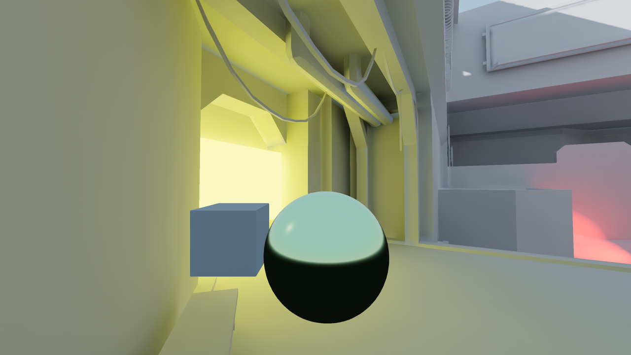 A pale sci-fi interior with a sunlit opening. Warm yellow bounced light fills the area around the opening; the sun shadows are sharp.