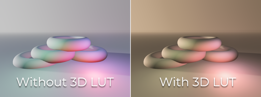 Two views of a stack of pastel-coloured toruses on a pale floor. On the left, labelled Without 3D LUT, the colours are pink, green and blue. On the right, labelled With 3D LUT, the whole image has a warm brown sepia tint.