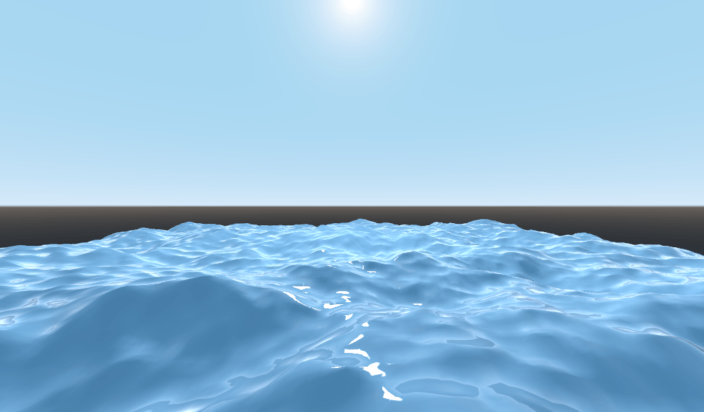 A blue, wavy water surface under a pale sky with a bright sun, with white sun glints on the wave crests in the middle distance.
