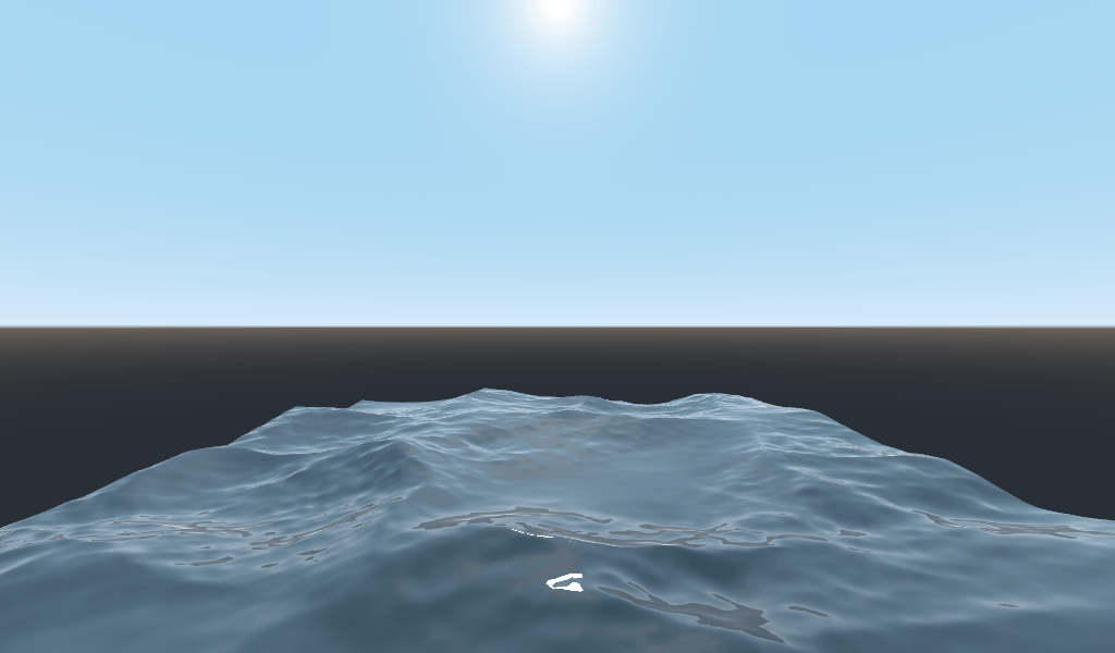 A wide blue-grey water surface under a pale sky, with irregular, overlapping swells and ripples instead of a regular pattern.
