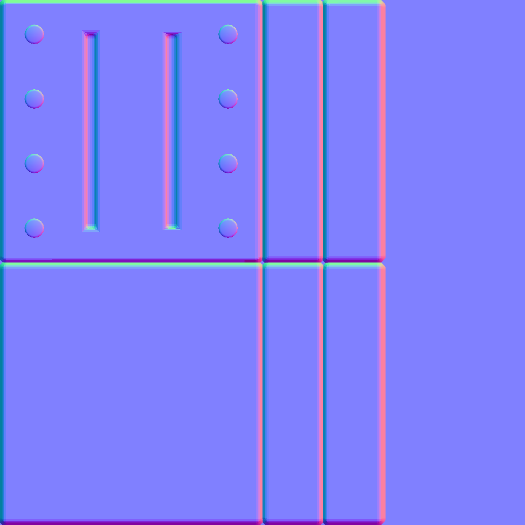 A lavender normal map texture with outlines of bolts, grooves and bevelled edges.