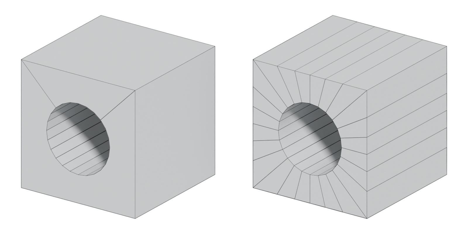Two cubes with a round hole: a raw boolean with long thin faces, and a clean all-quad rebuild.