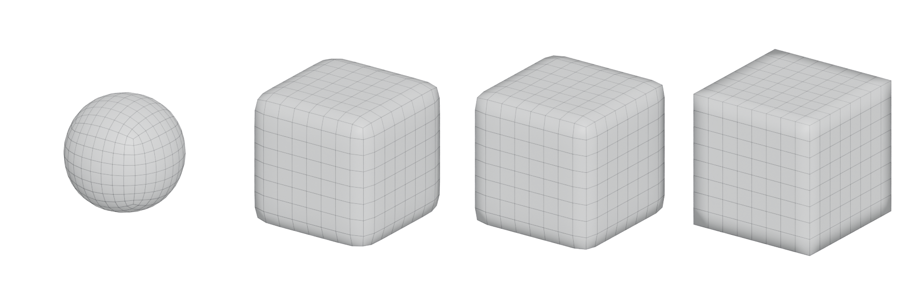 Four subdivided cubes in a row. The first has rounded into a ball, the second and third are rounded cubes with progressively tighter edges, the fourth is a sharp-edged cube.