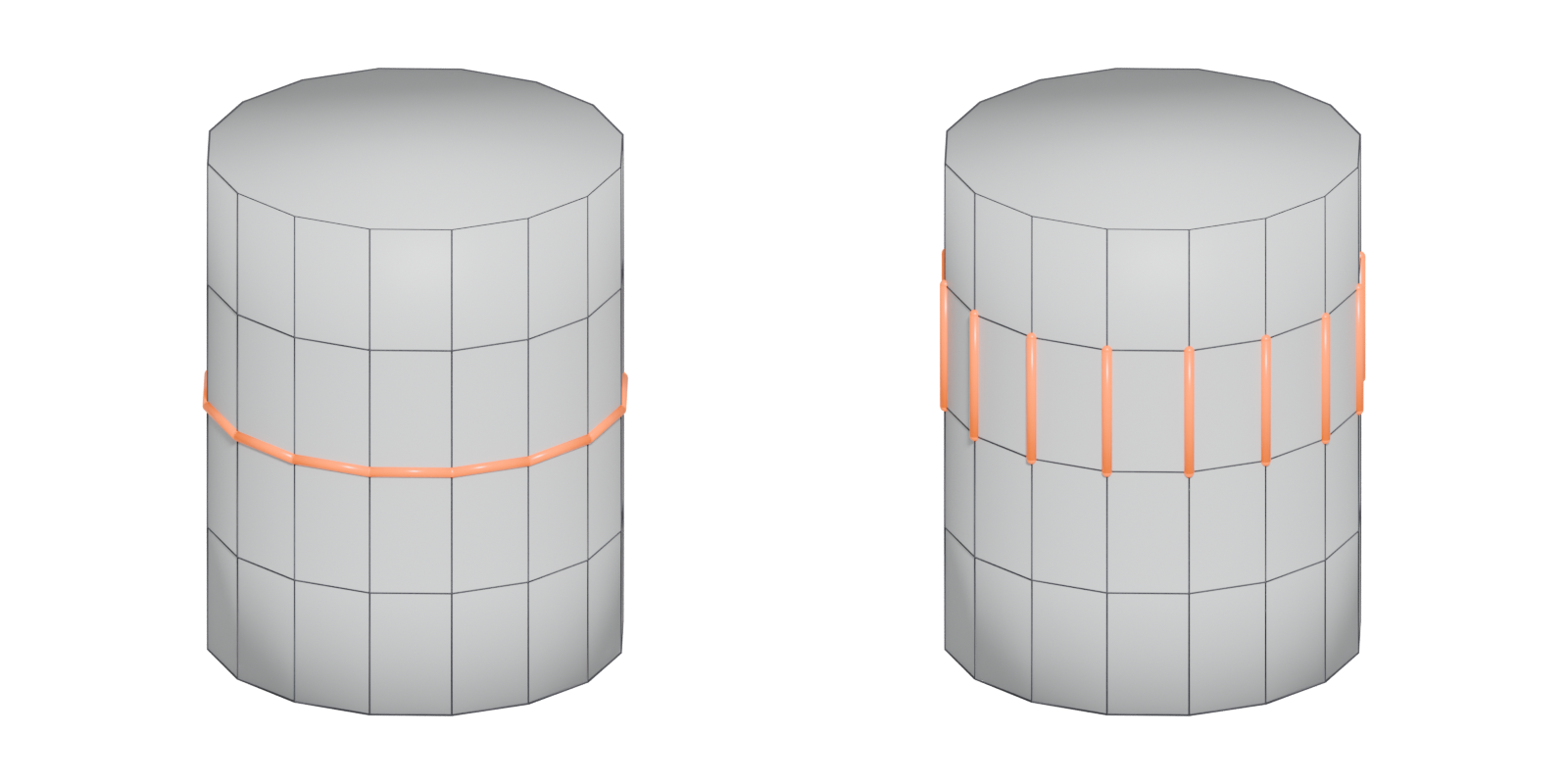 Two cylinders: one with a horizontal edge loop highlighted, one with a ring of vertical edges highlighted.