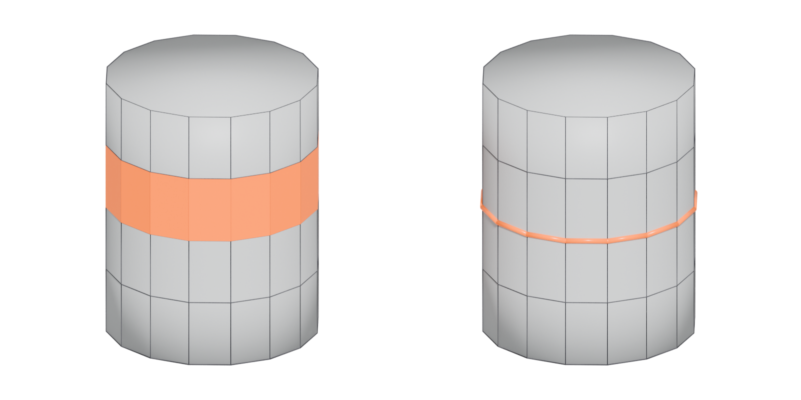 Two grey 16-sided cylinders. The left one has a band of faces around its middle highlighted in orange; the right one has a single ring of edges highlighted in orange.