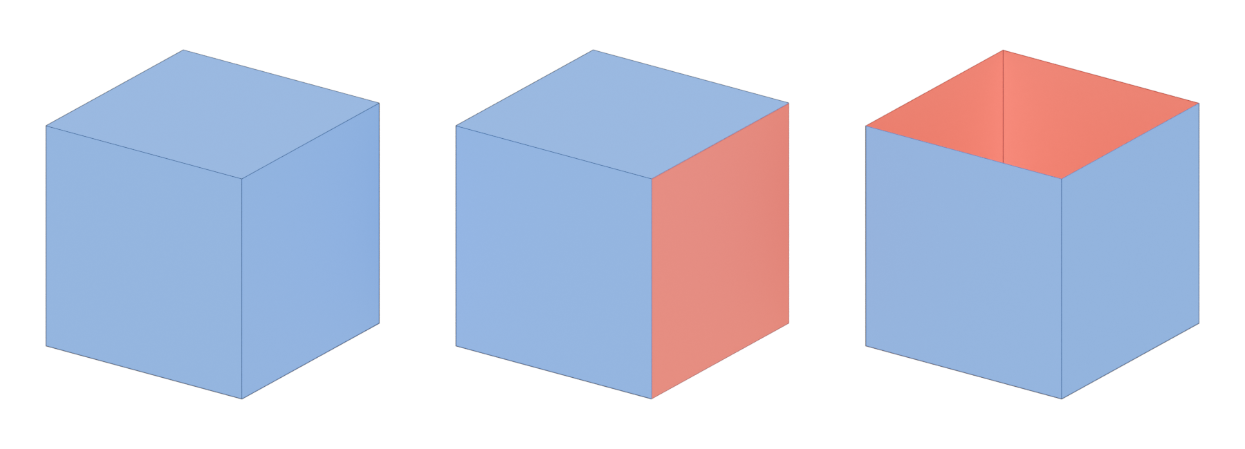 Three cubes coloured blue on front faces and red on back faces: a correct cube, a cube with one red face, and an open box whose red inside is visible.