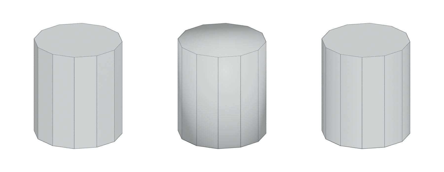 Three 12-sided cylinders: flat shaded, smooth shaded, and smooth by angle.