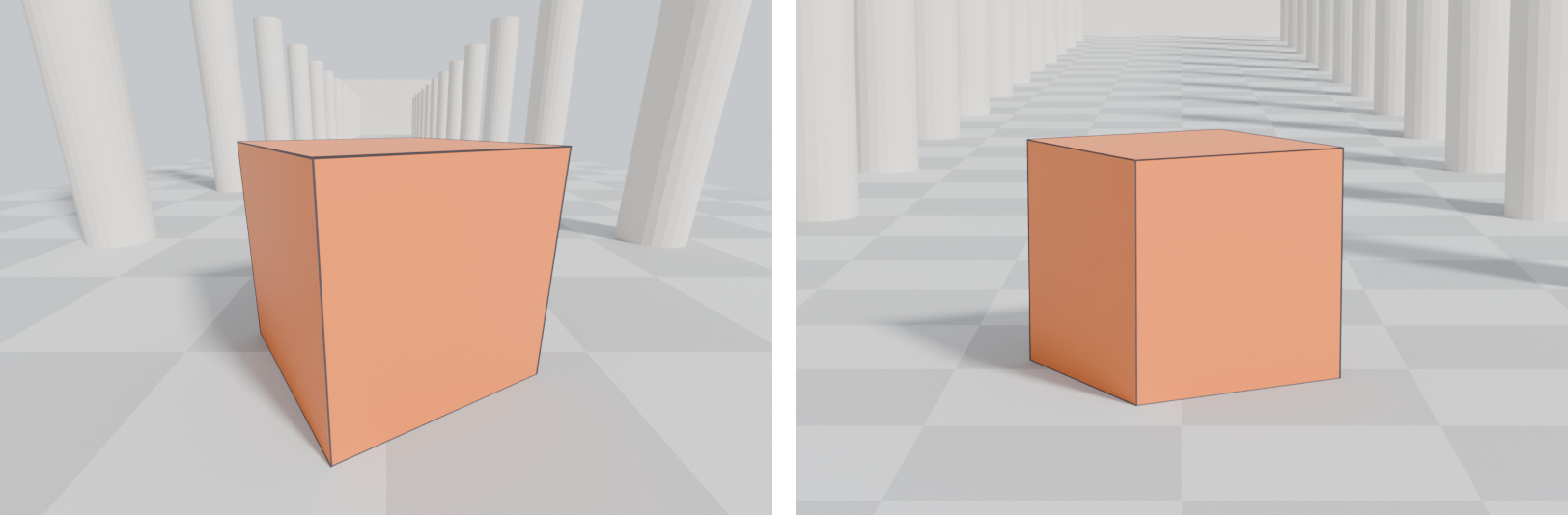 Two renders of the same orange 1 m crate in a colonnade, framed at a similar size. Left, an 18 mm lens close to the crate: its near corner looms, its sides converge strongly and the columns behind look far away. Right, an 85 mm lens from much further back: the crate looks boxy and even, and the columns behind appear close and stacked together.