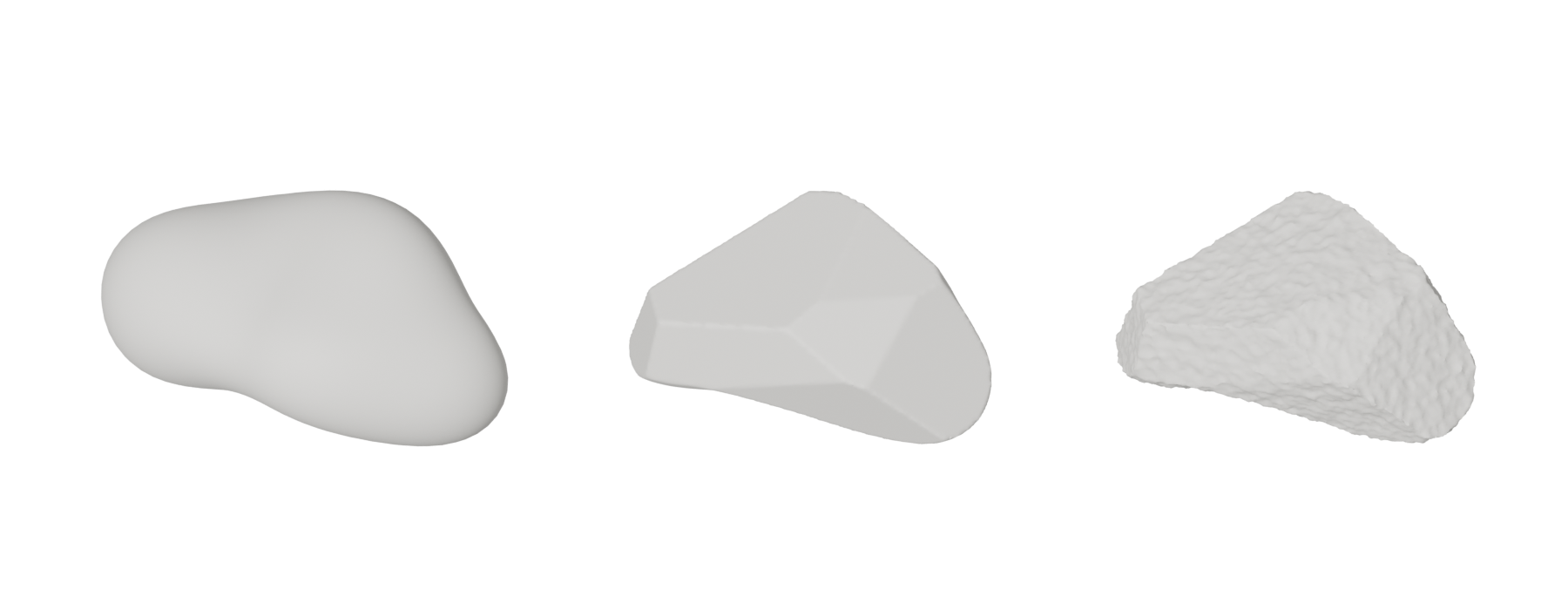 One rock shown three times: a smooth lumpy mass, the same mass cut into flat planes, and the planed rock covered in small pits and cracks.