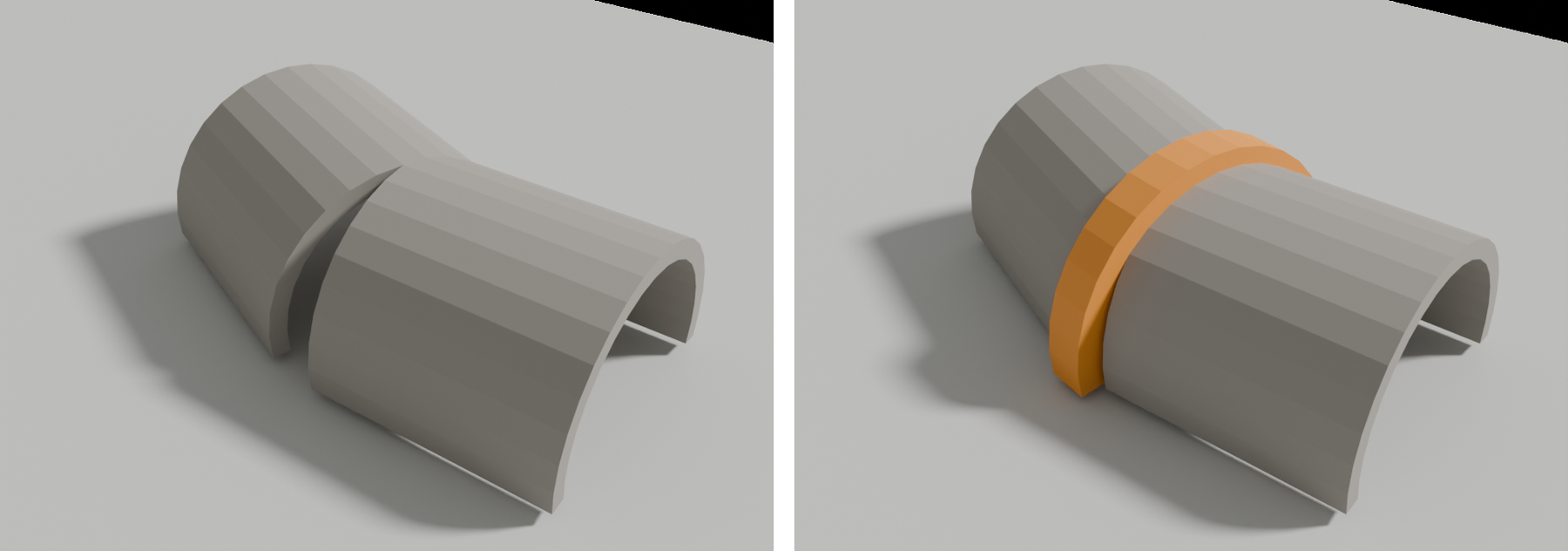 Two views of the same pair of arched tunnel pieces seen from above, joined at an angle. Left, a wedge-shaped gap opens on the outer side of the bend. Right, an orange arch ring, slightly larger than the tunnel, sits over the joint and covers the gap.