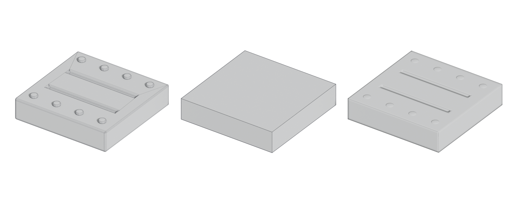 A detailed slab with grooves and bolts, a plain box, and the plain box showing the baked details.