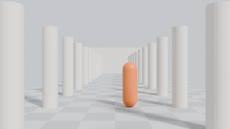 A colonnade seen from eye height: two rows of white columns on a chequered floor converge towards an end wall, with an orange capsule standing in the middle of the path.