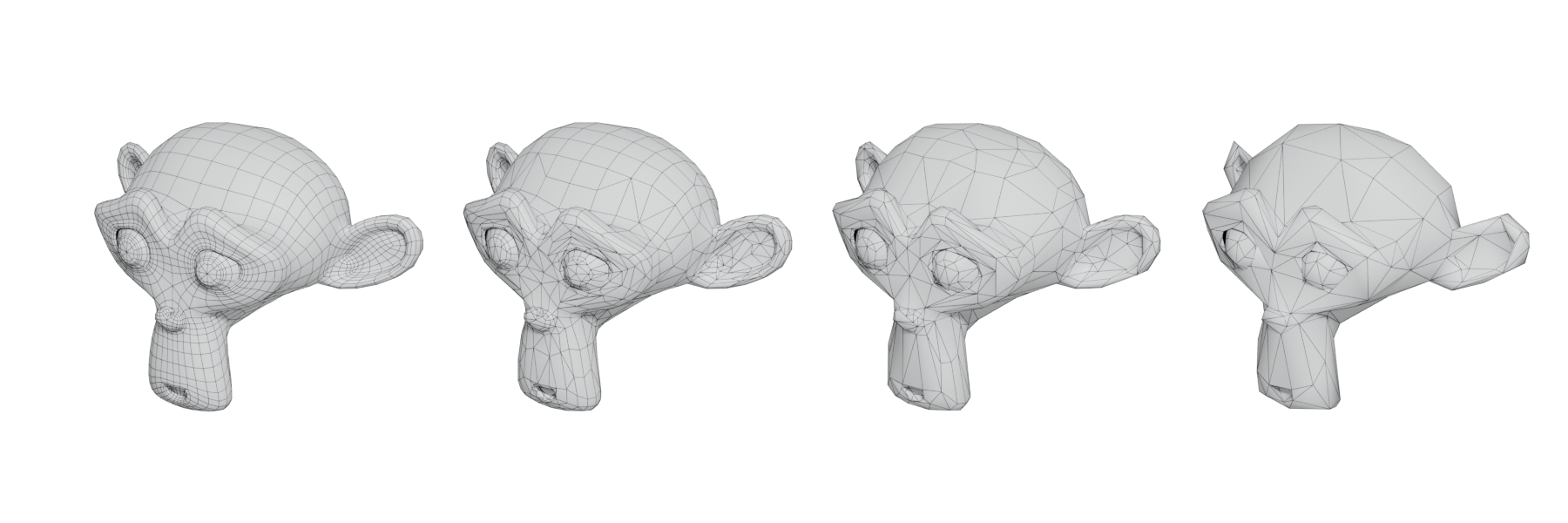 Four Suzanne heads with fewer and fewer triangles from left to right.