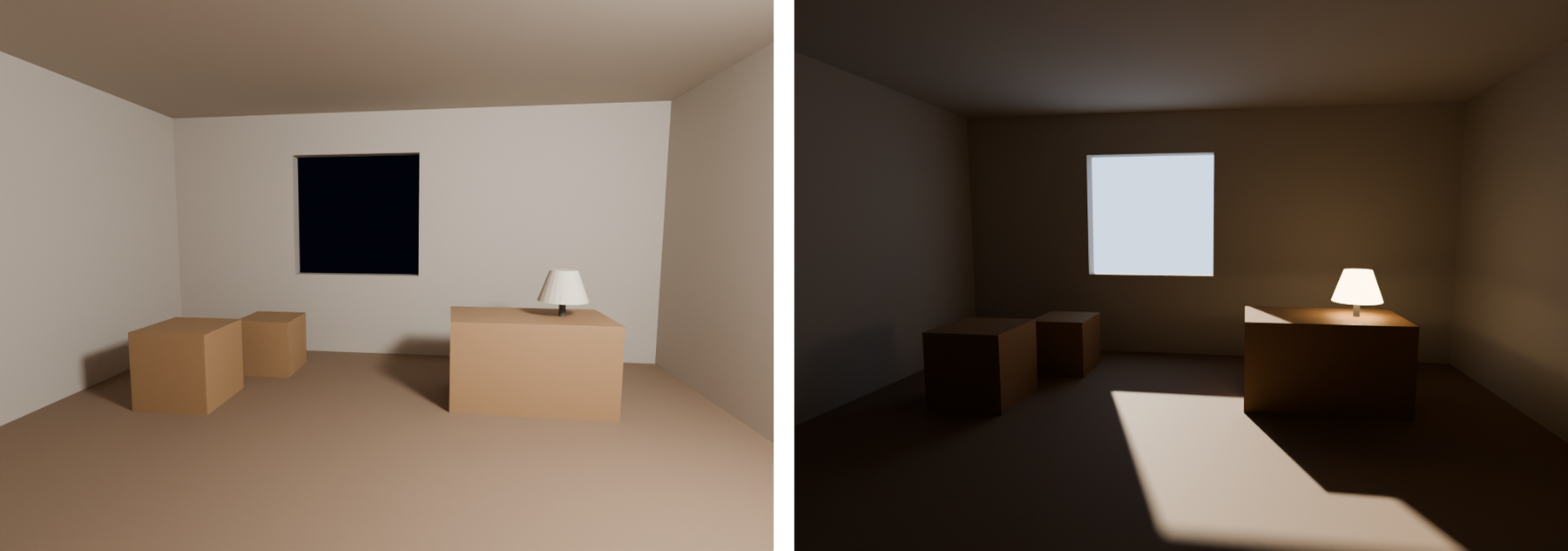 The same simple room twice. Left: evenly bright from the upper right, although the window shows a black night sky and the table lamp is off. Right: daylight through the window throws a sharp patch of sun on the floor, the lamp glows warm and lights the table top, and the rest of the room falls into soft shadow.