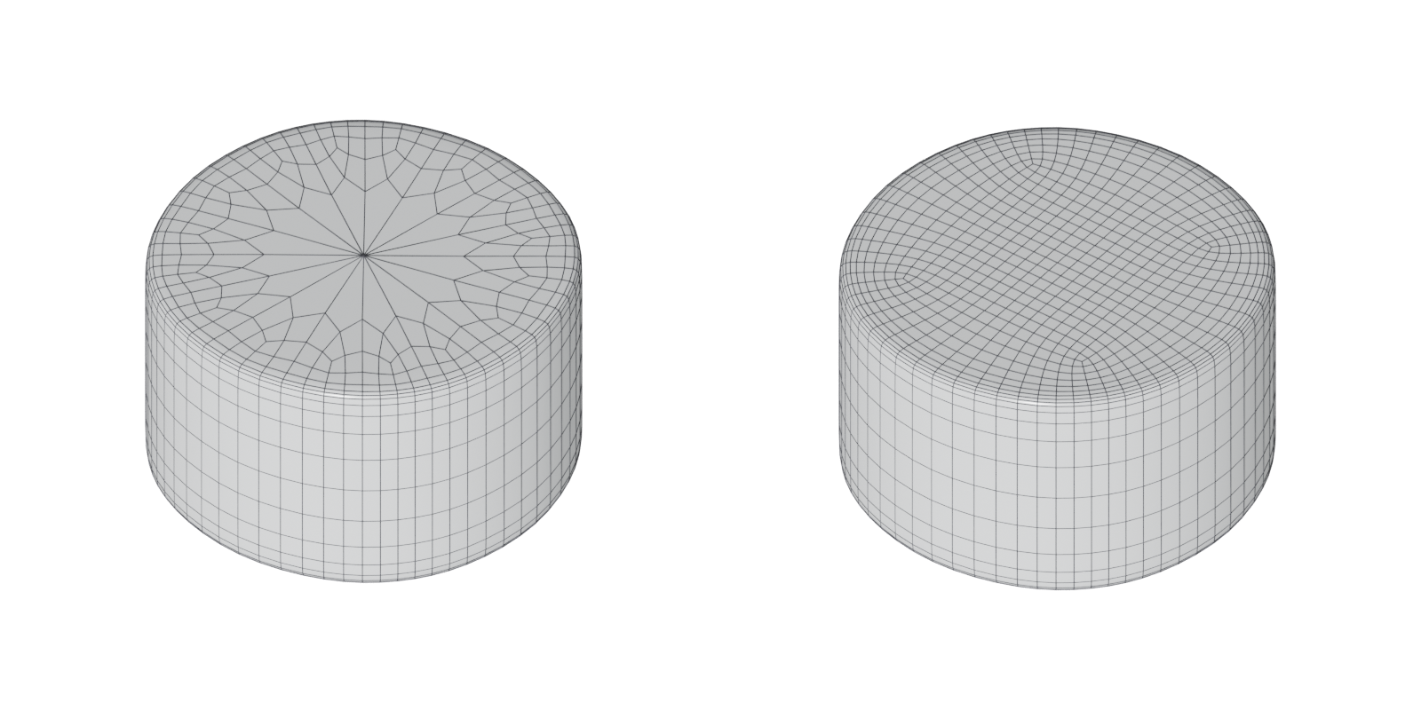 Two subdivided cylinders: one cap shows a star of edges meeting in the middle, the other an even grid.