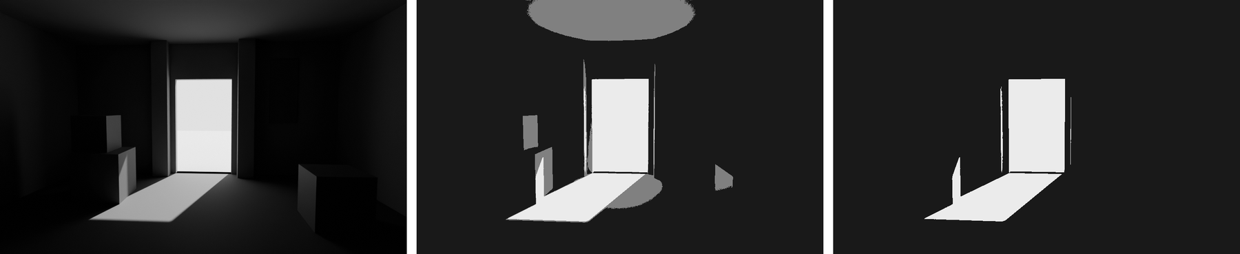 Three versions of the same dark room with a bright doorway. Left, a full greyscale render. Middle, the render posterised to three flat greys: the doorway and the sunlit floor patch are white, the lit side of a crate, a pillar edge and a glow on the ceiling are mid grey, everything else is near black. Right, two values only: the doorway and the floor patch are white, the rest is black.