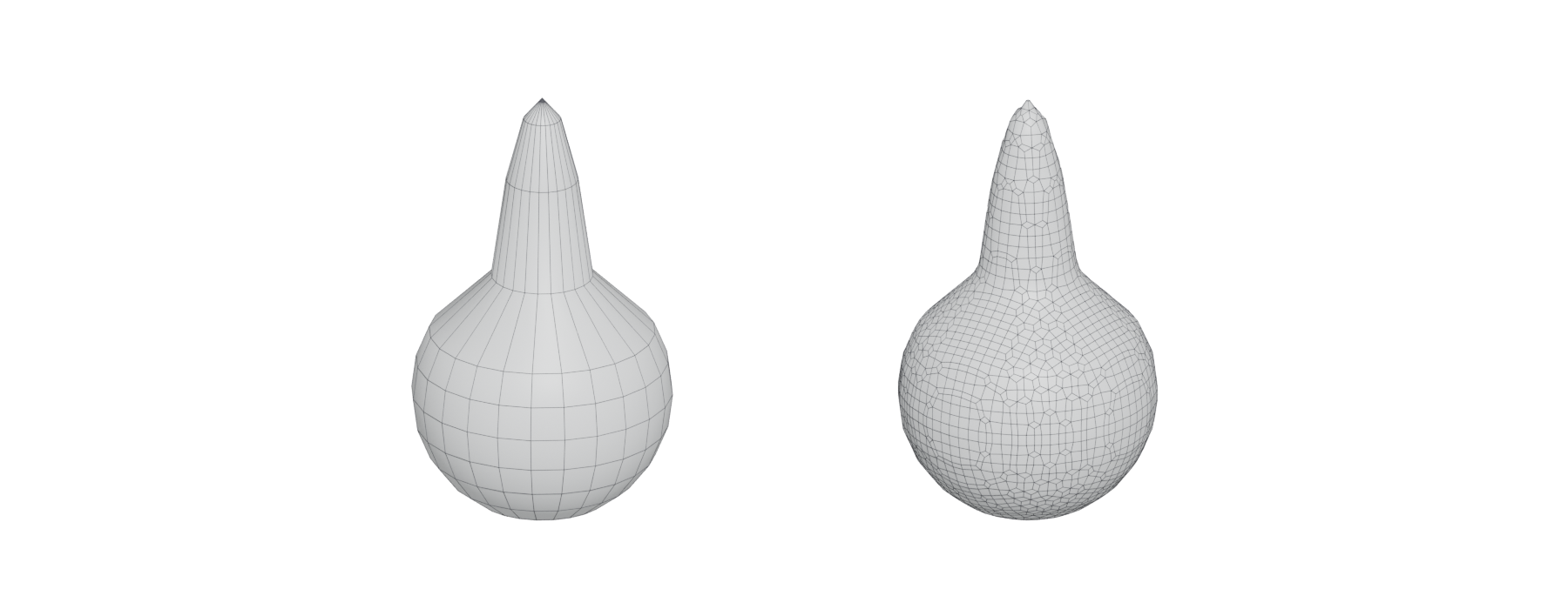 Two horn shapes: the left with long stretched faces on the horn, the right with an even grid of small faces everywhere.