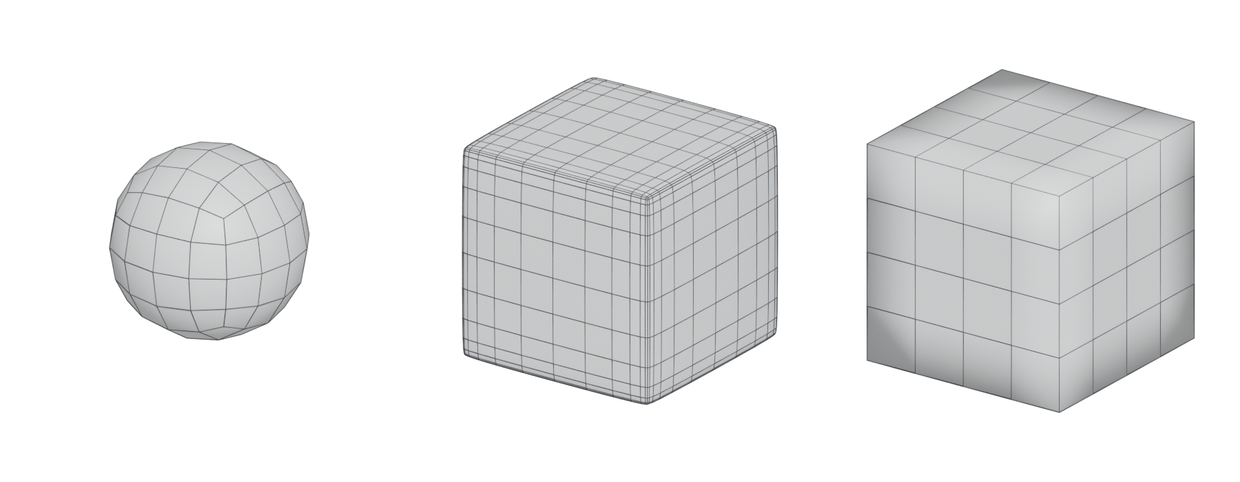 Three subdivided cubes: one rounded into a blob, one with tight bevelled edges, one with sharp creased edges.