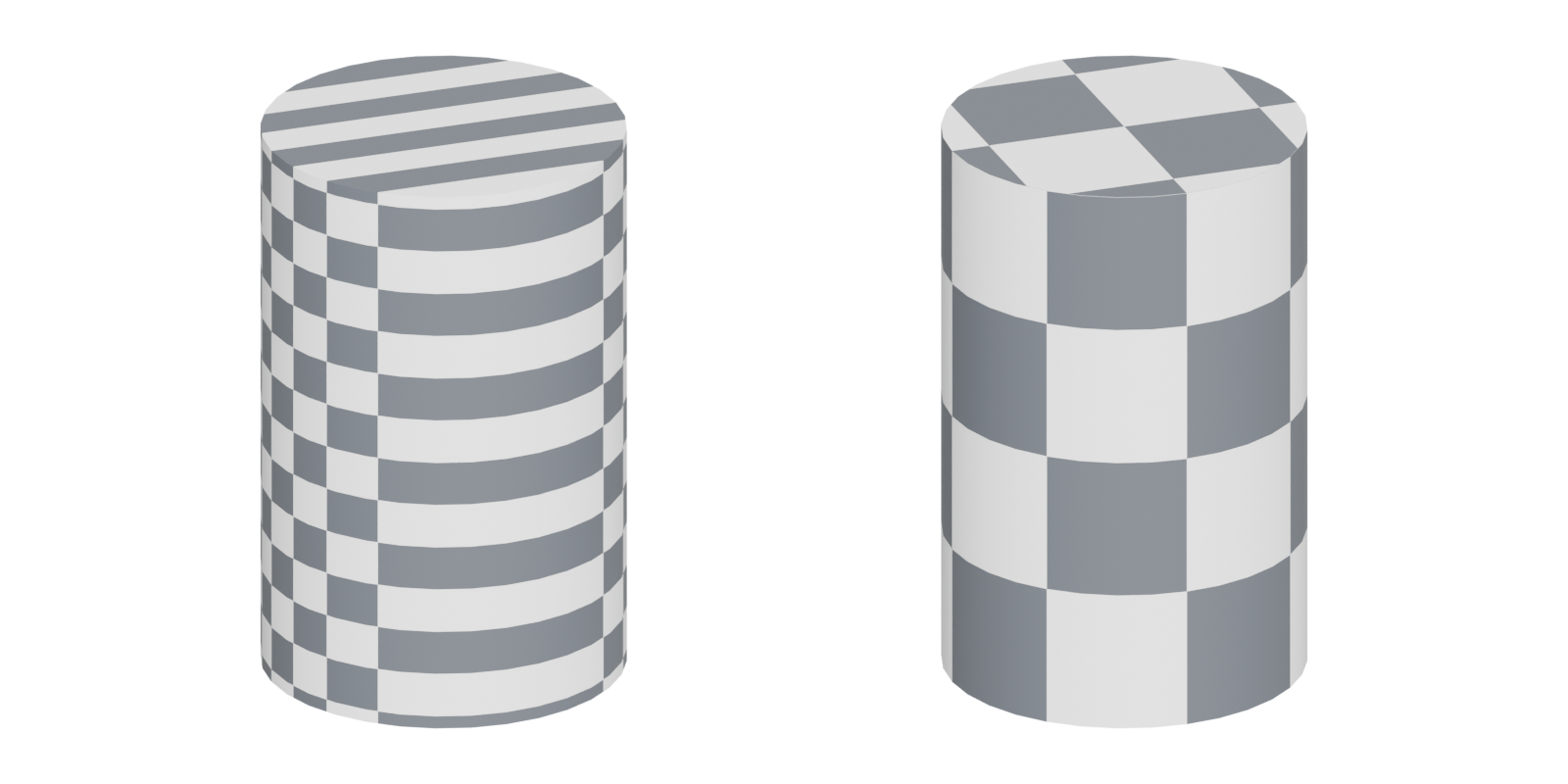 Two cylinders with a checker texture - stretched stripes on the left, even squares on the right.