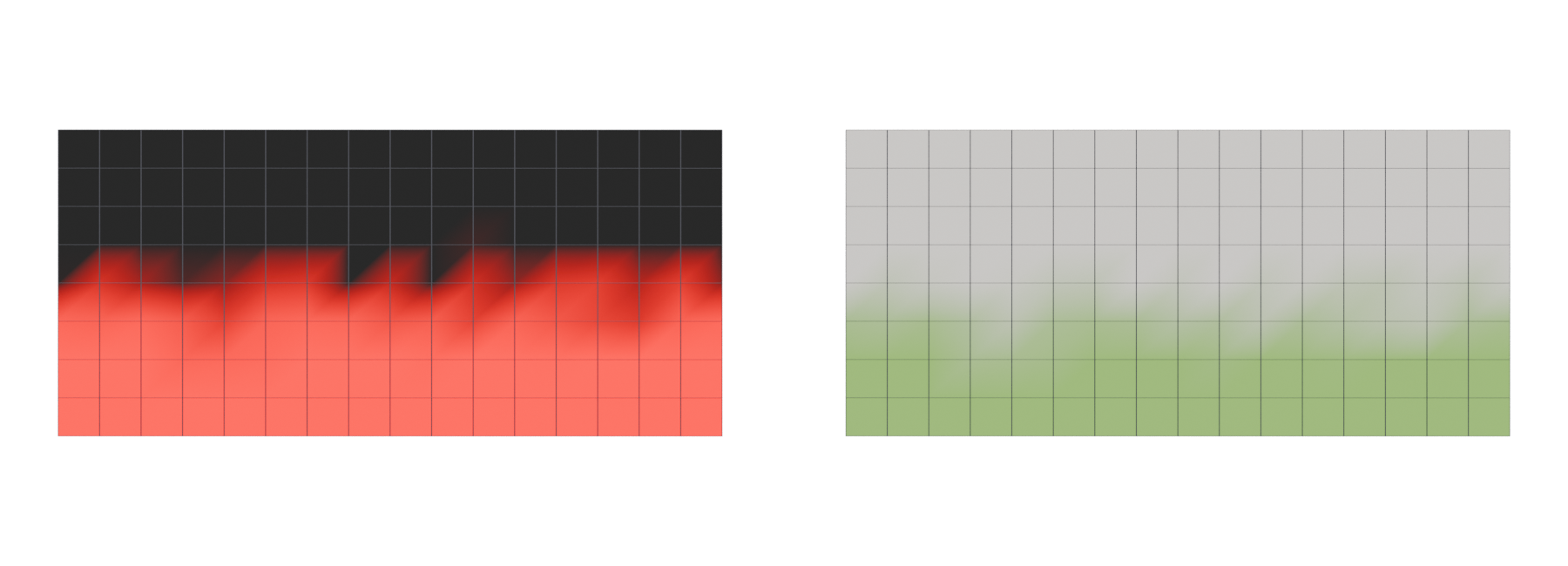 Two wall strips: raw red vertex colours on the left, and the same values used as a stone-to-moss blend mask on the right.