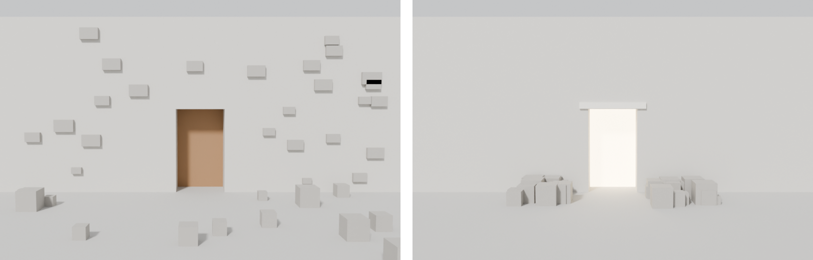 Two renders of the same grey wall with a doorway, with the same number of small block props. Left, the props are scattered evenly over the wall and the ground, and the plain brown door has to compete with them. Right, the props are clustered on either side of the doorway, the wall above is calm, and the doorway glows warm under a pale lintel.