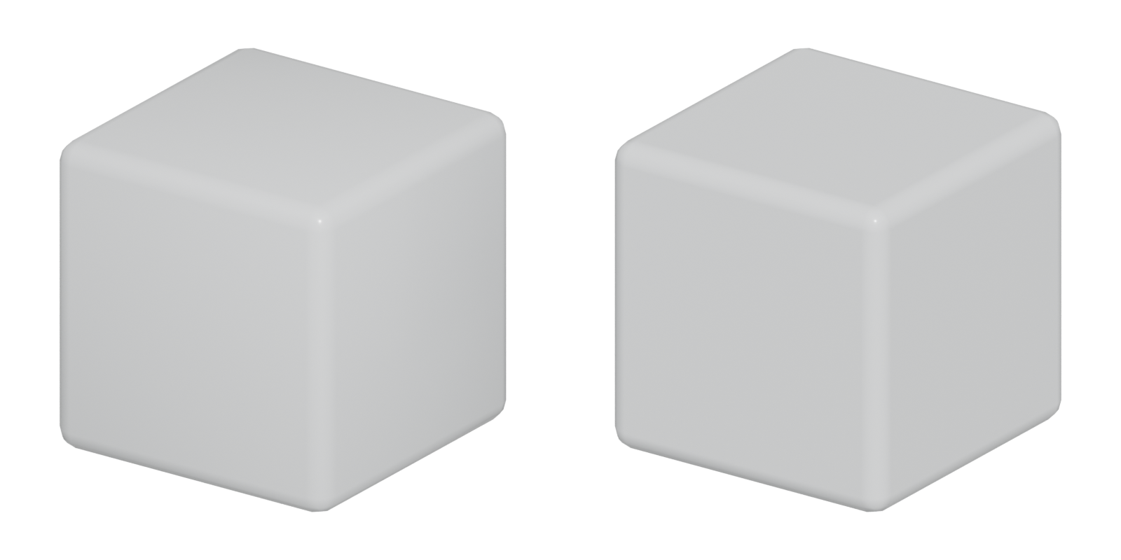 Two bevelled cubes; the left shows shading gradients on its flat faces, the right has clean flat faces.